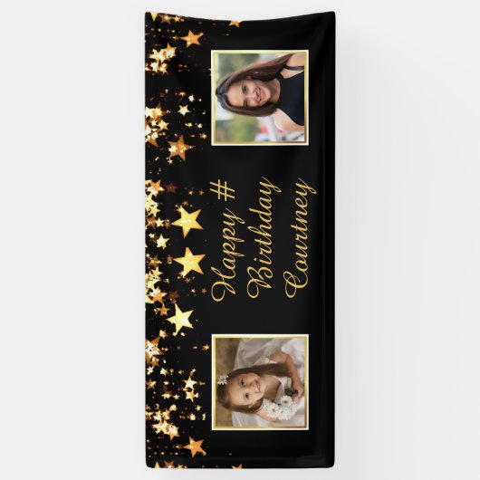 任意の誕生日ブラック金ゴールドスター2写真カスタム文字 横断幕 (縦)