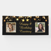 任意の誕生日ブラック金ゴールドスター2写真カスタム文字 横断幕 (横)