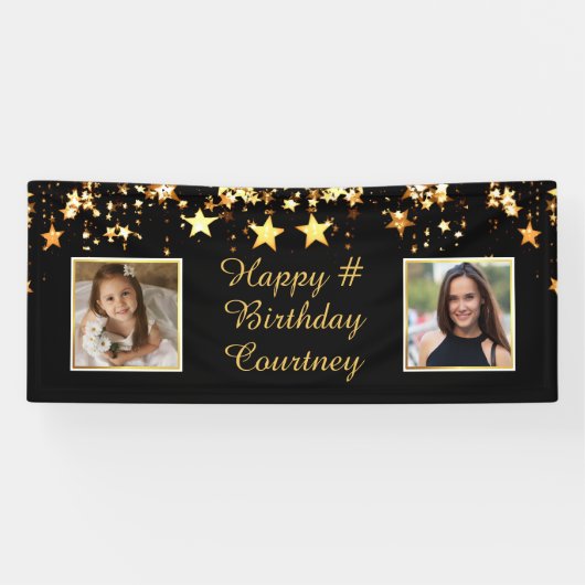 任意の誕生日ブラック金ゴールドスター2写真カスタム文字 横断幕 (横)