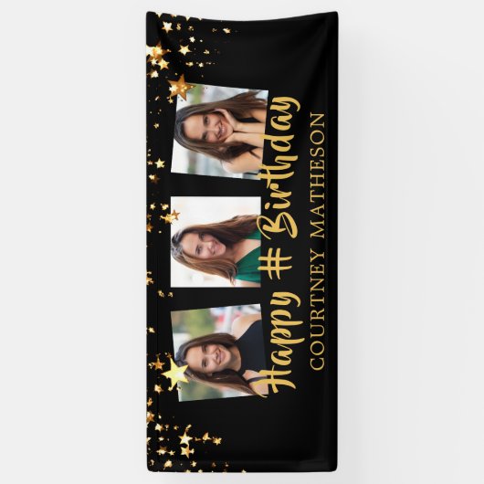 任意の誕生日ブラック金ゴールド星の写真パーソナライズされた 横断幕 (縦)