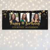 任意の誕生日ブラック金ゴールド星の写真パーソナライズされた 横断幕