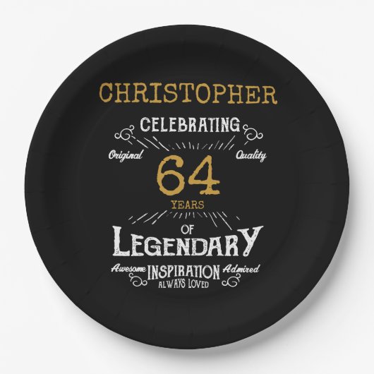 任意の誕生日レジェンダリーブラック金ゴールドレトロ ペーパープレート (正面)