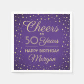 任意の誕生日応援エレガント紫と金ゴールドグリッター スタンダードカクテルナプキン (正面)