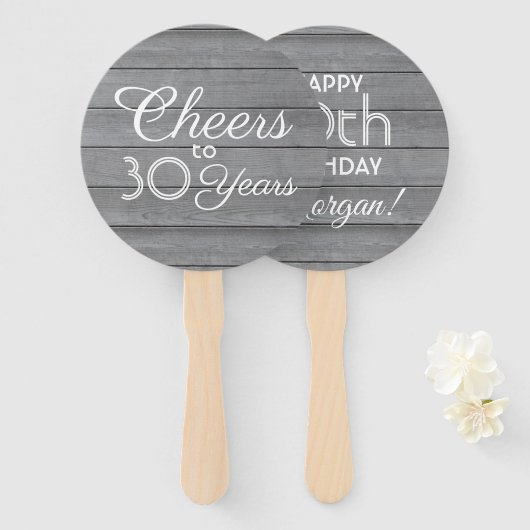 任意の誕生日応援グレイ素朴ウッドアフェイクラウンド ハンドファン (正面&裏面)