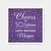 任意の誕生日応援シルバーグリッターパープル&ホワイト スタンダードカクテルナプキン (正面)