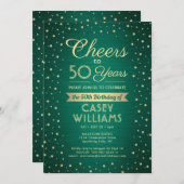 任意の誕生日応援ブラシ付きグリーンと金ゴールド紙吹雪 招待状 (正面/裏面)