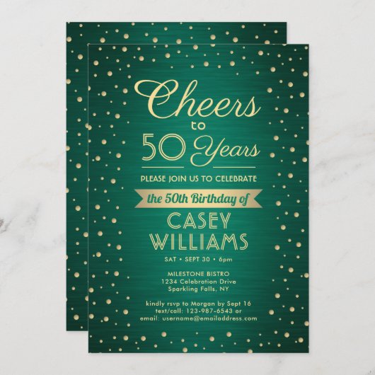 任意の誕生日応援ブラシ付きグリーンと金ゴールド紙吹雪 招待状 (正面/裏面)