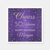 任意の誕生日応援ブラシ付き紫と金ゴールド紙吹雪 スタンダードカクテルナプキン (正面)