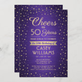 任意の誕生日応援ブラシ付き紫と金ゴールド紙吹雪 招待状 (正面/裏面)