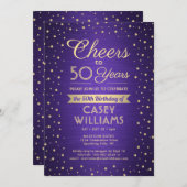 任意の誕生日応援ブラシ付き紫と金ゴールド紙吹雪 招待状 (正面/裏面)