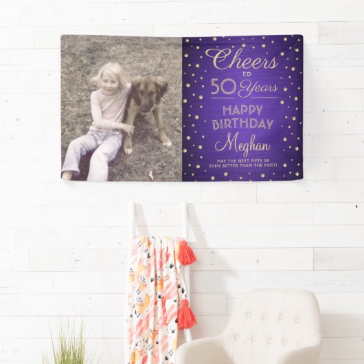 任意の誕生日応援ブラシ付き紫と金ゴールド1写真 横断幕 (インサイチュ)