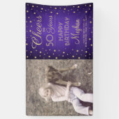 任意の誕生日応援ブラシ付き紫と金ゴールド1写真 横断幕 (縦)