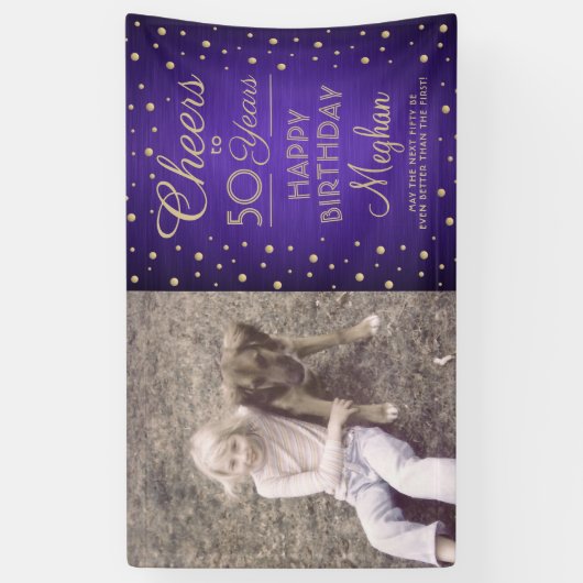 任意の誕生日応援ブラシ付き紫と金ゴールド1写真 横断幕 (縦)