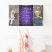 任意の誕生日応援ブラシ付き紫と金ゴールド2写真 横断幕 (インサイチュ)