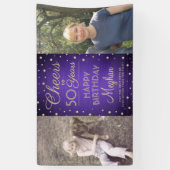任意の誕生日応援ブラシ付き紫と金ゴールド2写真 横断幕 (縦)