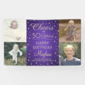 任意の誕生日応援ブラシ付き紫と金ゴールド4写真 横断幕 (横)