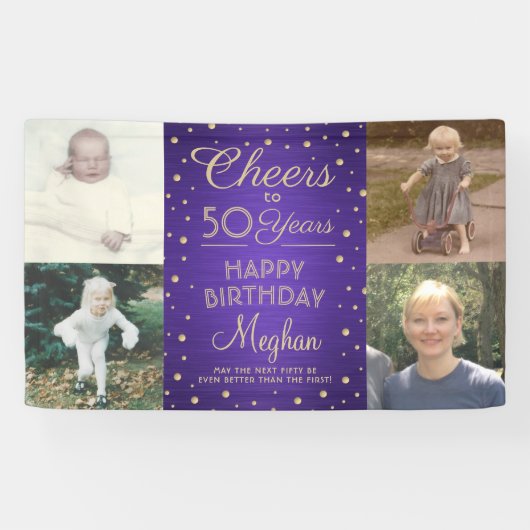 任意の誕生日応援ブラシ付き紫と金ゴールド4写真 横断幕 (横)
