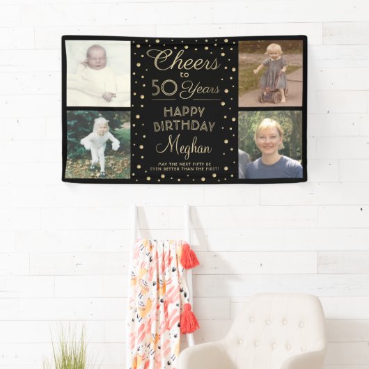 任意の誕生日応援ブラック金ゴールド紙吹雪4ポート 横断幕 (インサイチュ)