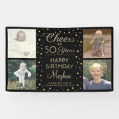 任意の誕生日応援ブラック金ゴールド紙吹雪4ポート 横断幕 (横)