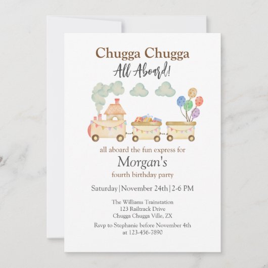 任意の誕生日水色ブラウントレインおもしろい表現 招待状 (正面)