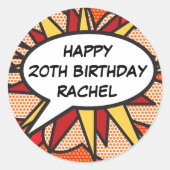 任意の誕生日音声バブルおもしろいレトロ漫画ブック ラウンドシール (正面)