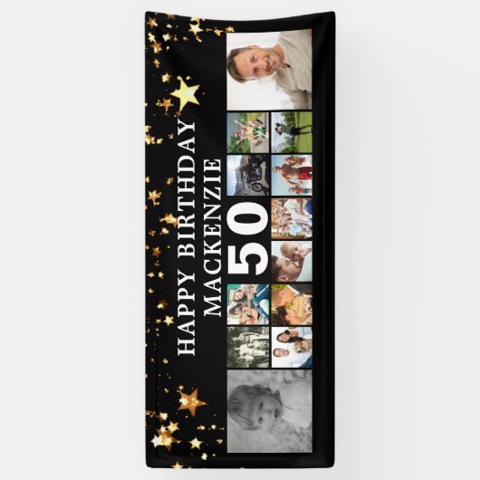 任意の誕生日12フォトコラージュ金ゴールドスターブラック 横断幕 (縦)