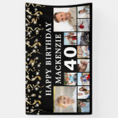 任意の誕生日12フォトブラック金ゴールド紙吹雪ライト 横断幕 (縦)