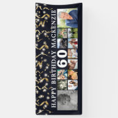 任意の誕生日12 Photo Collageブラック金ゴールドストリーマー 横断幕 (縦)