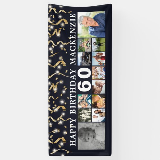 任意の誕生日12 Photo Collageブラック金ゴールドストリーマー 横断幕 (縦)