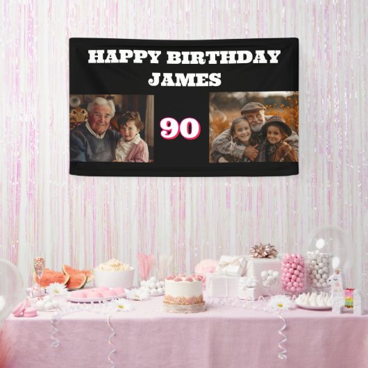 任意の誕生日2フォトコラージュ金ゴールドブラック 横断幕 (パーティー)