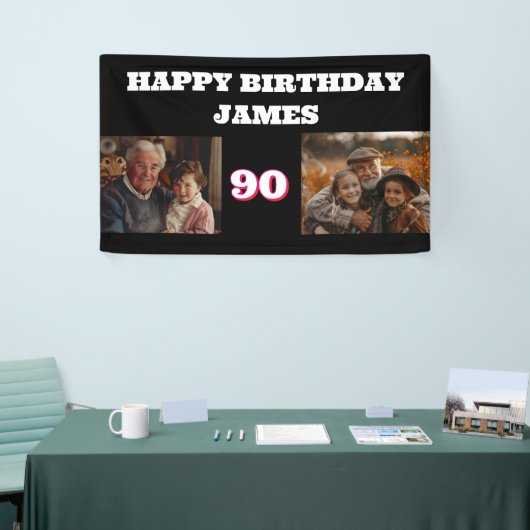 任意の誕生日2フォトコラージュ金ゴールドブラック 横断幕 (トレードショー)
