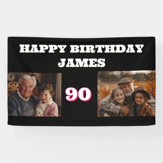 任意の誕生日2フォトコラージュ金ゴールドブラック 横断幕 (横)