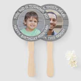 任意の誕生日2写真シンプルグレーフェイクウッドラウンド ハンドファン