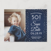 任意の誕生日2 Photo Navy Blue White日付を保存 インビテーションポストカード (正面)