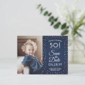 任意の誕生日2 Photo Navy Blue White日付を保存 インビテーションポストカード (スタンド正面)