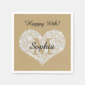 任意の誕生日、ダイヤモンドハート、金ゴールドモノグラム、名前 スタンダードカクテルナプキン (正面)