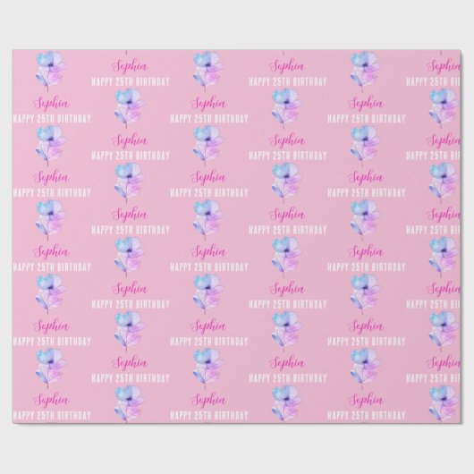 任意の誕生日、名前、ピンクと青の水色の花 ラッピングペーパー (フラット)