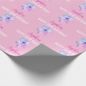 任意の誕生日、名前、ピンクと青の水色の花 ラッピングペーパー (角)