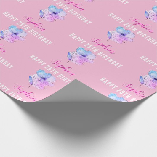 任意の誕生日、名前、ピンクと青の水色の花 ラッピングペーパー (角)