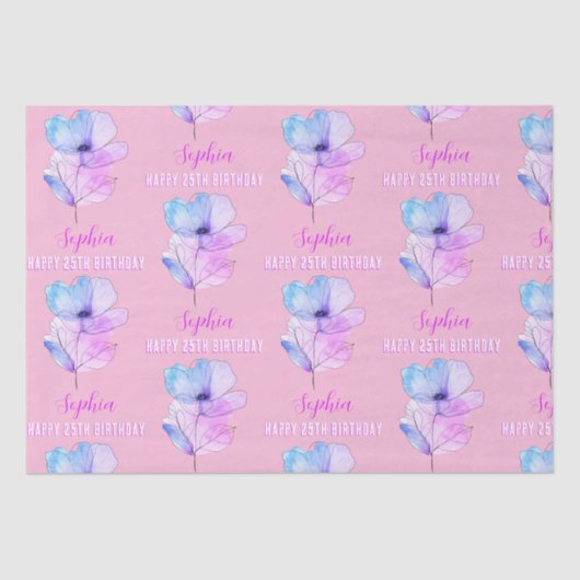 任意の誕生日、名前、ピンクと青の水色の花 薄葉紙 (正面)