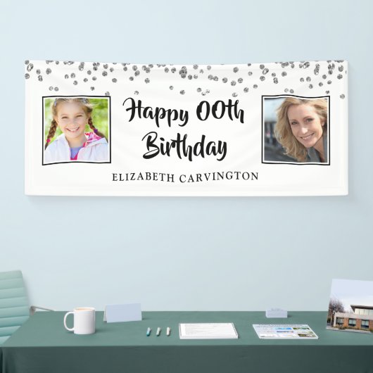 任意の誕生日Then & Now写真シルバー紙吹雪 横断幕