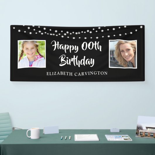 任意の誕生日Then & Now写真String Lights Black 横断幕 (トレードショー)