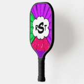 任意の3イニシャルレターモノグラムポップ・アートのアートパープルクラウド ピックルボールラケット (左)