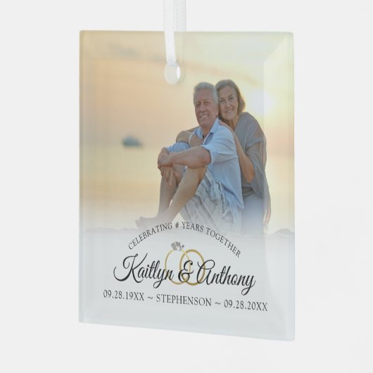 任意エレガントの記念日の写真筆跡スクリプト ガラスオーナメント (正面左)