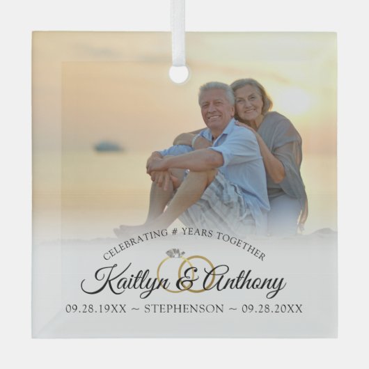 任意エレガントの記念日の写真筆跡スクリプト ガラスオーナメント (正面)