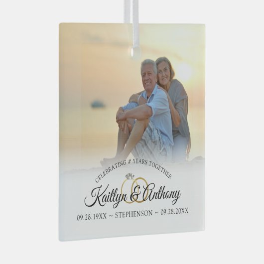 任意エレガントの記念日の写真筆跡スクリプト ガラスオーナメント (正面右)