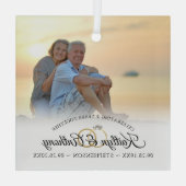 任意エレガントの記念日の写真筆跡スクリプト ガラスオーナメント (裏面)