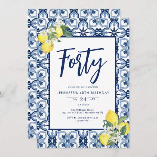 任意エレガント年レモンタ地中海のイル誕生日 招待状 (正面/裏面)