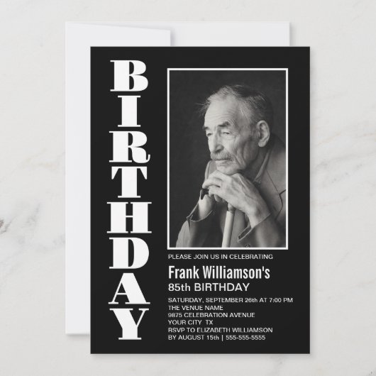 任意モダンの年齢の白黒写真の誕生日パーティー 招待状 (正面)