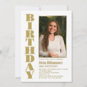 任意モダンの年齢金ゴールド白写真誕生日パーティー 招待状 (正面)